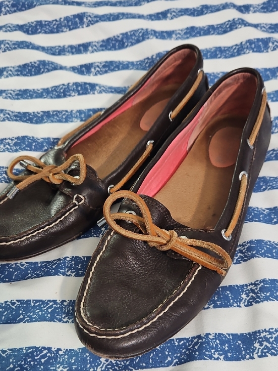 Sperry Shoes - Sperry Dark Brown Leather Moccasin Flats with Tan Bow and Pink Lining